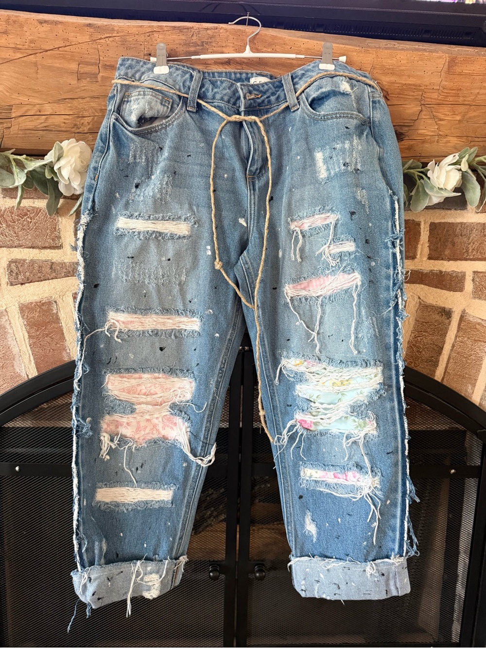 Upcycled Cello Light Blue Distressed Boyfriend Jeans with Pastel Patchwork